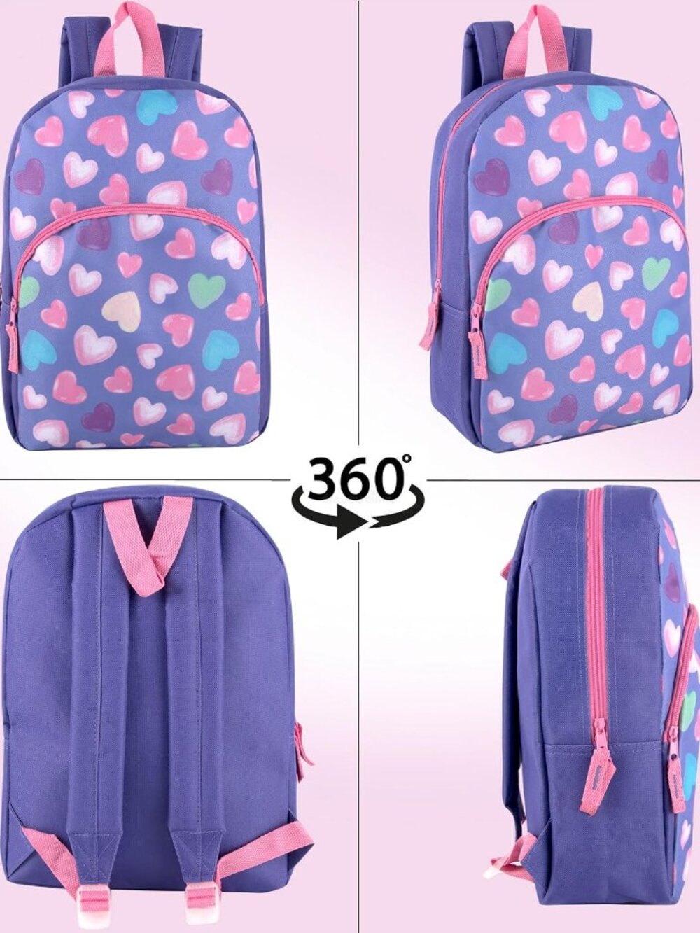 15" Pastel Hearts Backpack Kids School Book Bag Front Pocket Adjustable Straps - Picture 6 of 6
